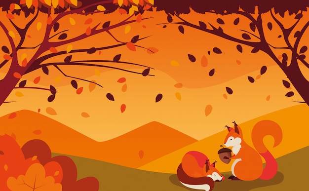 Ciao autunno illustrazione con scoiattoli e noci