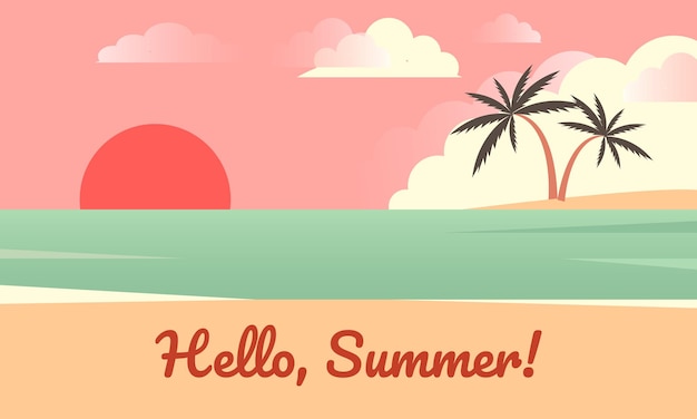 Ciao banner estivo Sfondo della spiaggia del mare con palme e alba Buona giornata di sole