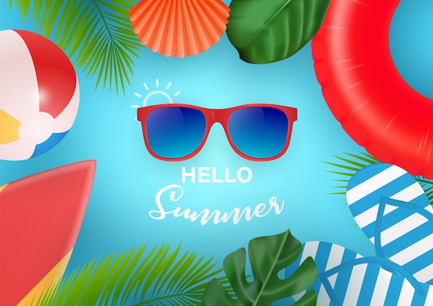 Ciao banner web estivo. Vista dall'alto sulla composizione estiva con oggetti realistici e frutta tropicale su struttura in legno. illustrazione. Concetto di ricreazione stagionale nei paesi tropicali.