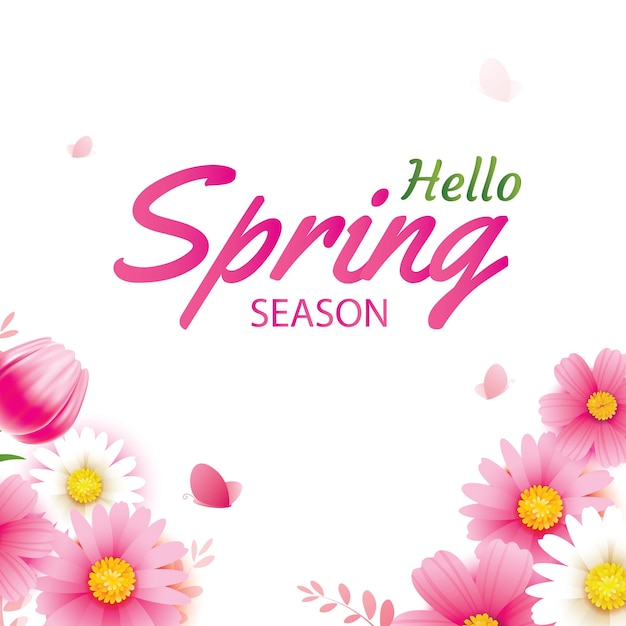 Ciao biglietto di auguri di primavera con fiori che sbocciano