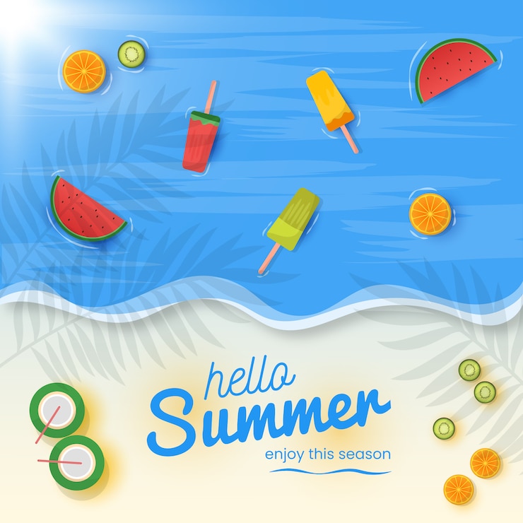 Ciao estate sfondo con frutta fresca e gelato