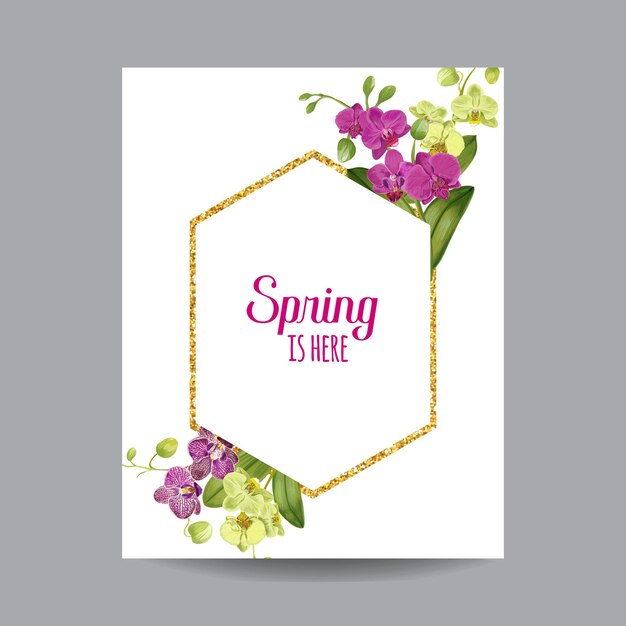 Ciao Spring Tropic Design. Sfondo di fiori di orchidea tropicale con cornice dorata per poster, banner di vendita, cartellone, volantino. Composizione floreale d'epoca. Illustrazione vettoriale