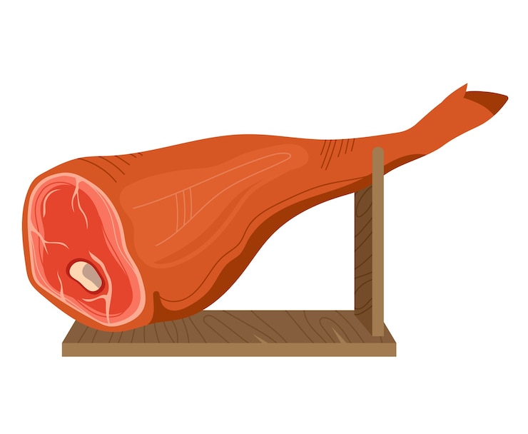 Vettore cibo a base di carne, stinco di maiale, preparazione del cibo, cena fresca, arrosto del ristorante, bianco isolato, design, illustrazione di stile piano. delizioso barbecue tradizionale, piatto cotto, tenera carne fritta.