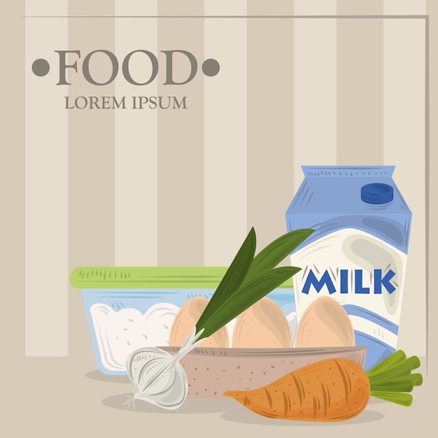 cibo, aglio, carota, uova, latte e zucchero, illustrazione