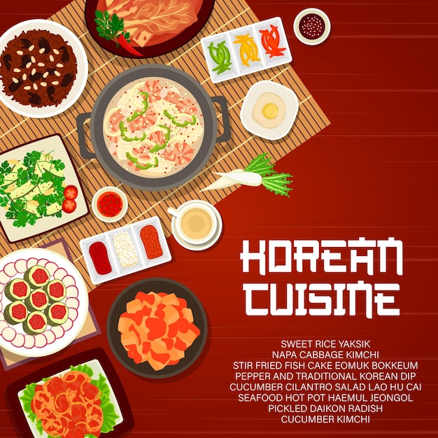 Cibo coreano, cucina coreana e piatti asiatici, copertina del menu vettoriale per ristorante. Piatti tradizionali della cucina coreana per pranzo e cena, cavolo kimchi, piatto caldo di carne e pesce e ciotole di zuppa di riso