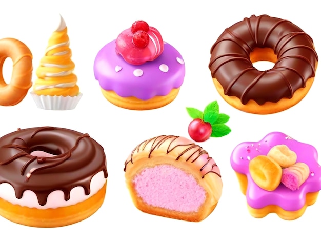 Cibo dolce è 3D realistico rendering set di icone vettoriale torta ciambella croissant cupcake gelato