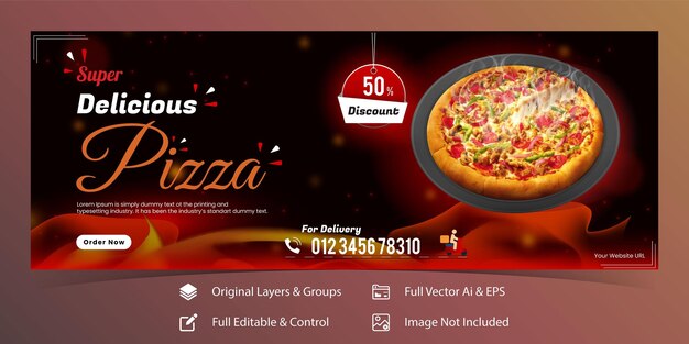 Cibo e deliziosa pizza web facebook banner template design premium vector eps