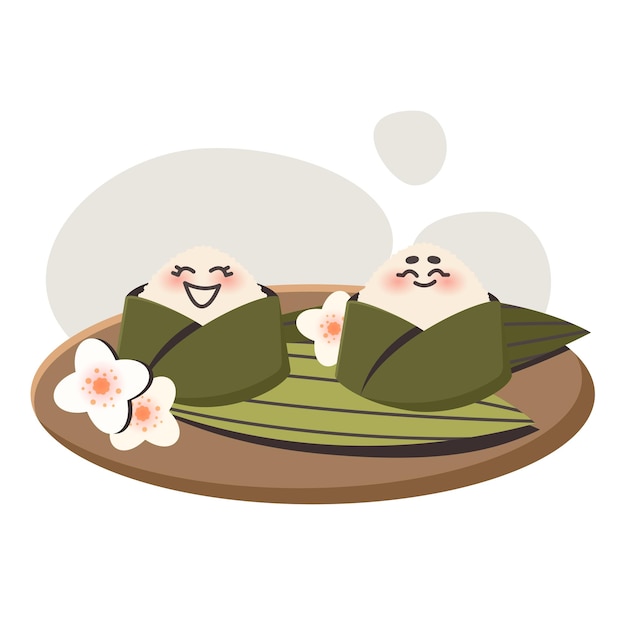 Cibo giapponese onigiri piatto asiatico Il personaggio dei cartoni animati fa sport appesi alle bacchette Vettore