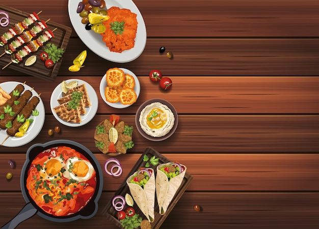 cibo mediorientale nell'illustrazione di legno della tavola