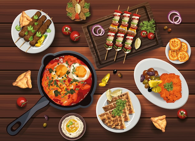 cibo mediorientale nell'illustrazione di legno della tavola