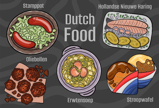 Cibo olandese Una serie di piatti classici Illustrazione disegnata a mano da cartone animato