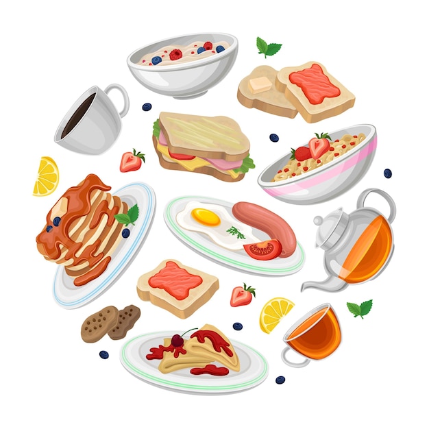 Cibo per la colazione a forma circolare progettazione del menu alimentare cibo mattutino fresco e nutriente vettore alimentare