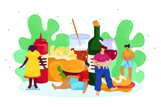 Cibo spazzatura malsano per persone persona con concetto di obesità illustrazione vettoriale cartone animato uomo grasso donna