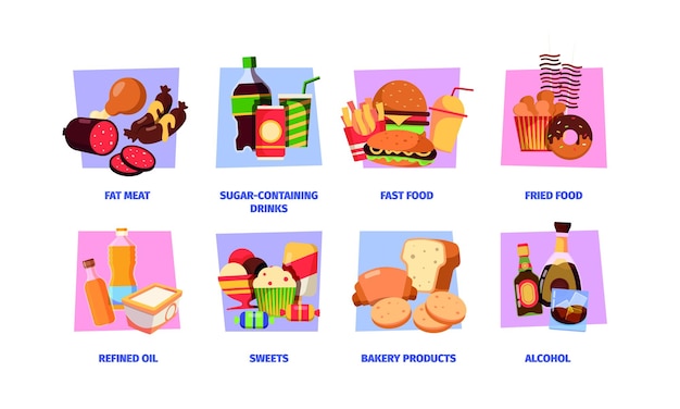 Cibo spazzatura Prodotti malsani zucchero farina bianca alcool fast food carne lavorata olio raffinato snack cracker sgargianti illustrazioni piatte colorate vettoriali