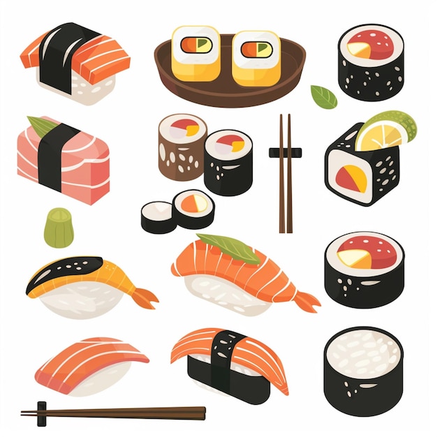 cibo sushi giapponese ristorante vettoriale asiatico Giappone illustrazione pasto pesce salmone tradizionale