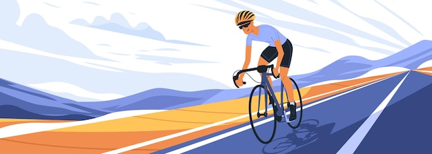 Ciclista che guida su una strada aperta con le montagne sullo sfondo indossa casco e occhiali da sole colori brillanti cielo dinamico