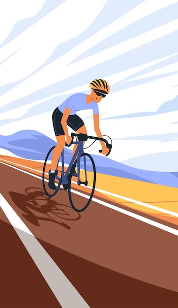 Ciclista in bicicletta su strada su autostrada aperta con montagne e cielo dinamico sullo sfondo concetto di attività sportiva