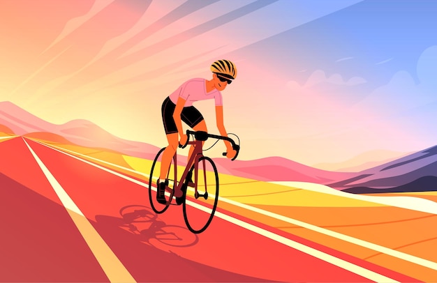 Ciclista in un paesaggio vibrante ciclismo su strada attività sportiva movimento dinamico sfondo colorato colline tramonto sito web banner