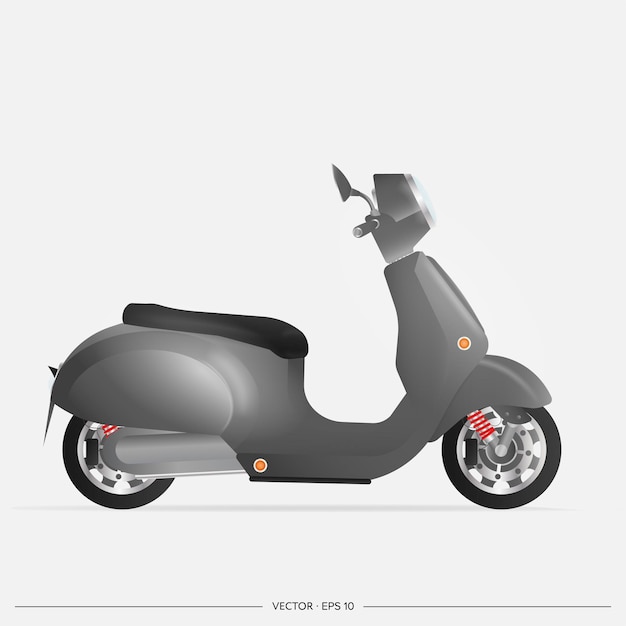 Ciclomotore nero realistico nel vecchio stile. Scooter giallo isolato su uno sfondo bianco. Illustrazione vettoriale.