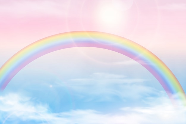 Cielo astratto con nuvole di colore. Sfondo sole e nuvole con un morbido colore pastello. Fantasia sfondo paesaggio magico con colorato cielo nuvoloso soleggiato, realistico arcobaleno luminoso, soffice nuvola. vettore