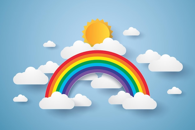 Cielo azzurro con arcobaleno e nuvole, stile paper art