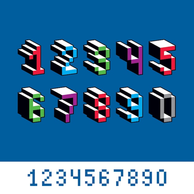 Cifre vettoriali, numeri creati in stile 8 bit. Numeri di pixel art impostati, elementi di design matematico 3d.