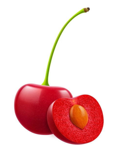 Ciliegie mature isolate su uno sfondo bianco Ciliegie rosse intere e mezze ciliegie