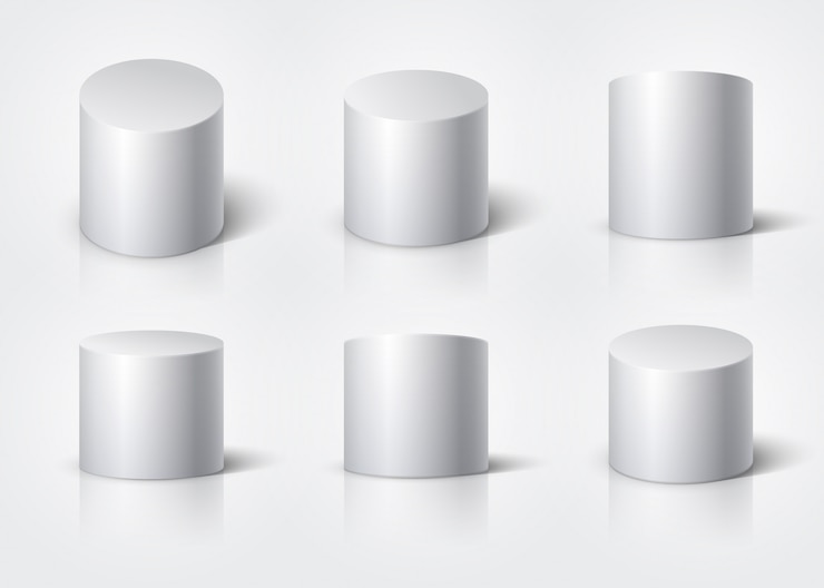 Vettore cilindro realistico bianco, podio rotondo vuoto stand isolato. insieme di vettore di forme geometriche 3d
