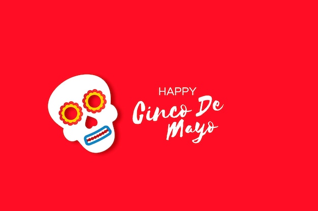 Cinco De Mayo Banner con teschio messicano colorato in stile taglio carta Sfondo rosso Spazio per il testo