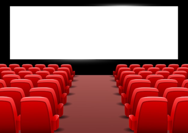 Cinema auditorium con sedili rossi e schermo vuoto