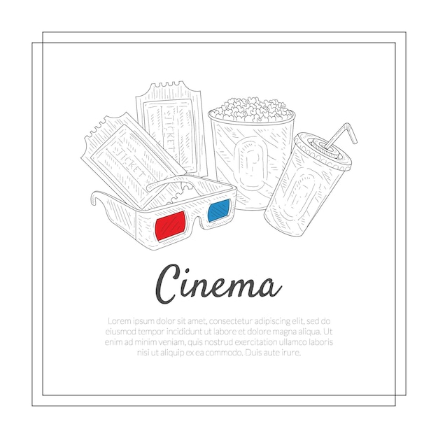 Cinema Banner Template Biglietti 3d Gas Soda Beveraggio Popcorn Simboli cinematografici Illustrazione vettoriale disegnata a mano