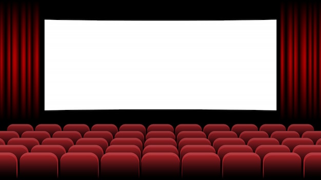 Cinema cinema con schermo bianco e sedile rosso