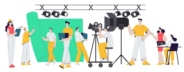 Cinema e riprese cinematografiche con persone personaggi cast e operatori illustrazione vettoriale