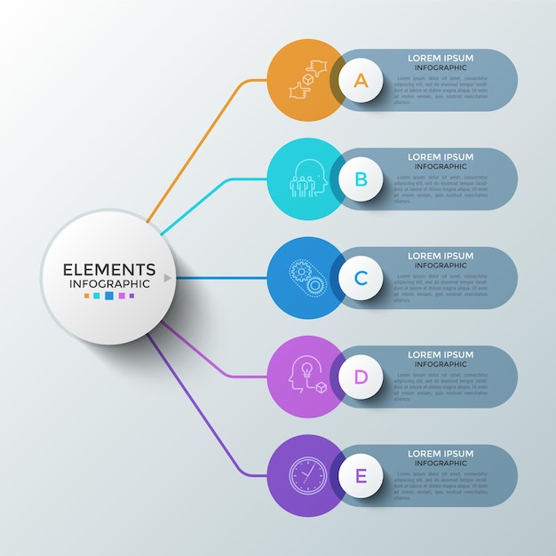Cinque elementi rotondi colorati con simboli lineari all'interno e caselle di testo collegate al cerchio principale. Concetto di 5 fasi successive di sviluppo di avvio. Modello di progettazione infografica. Illustrazione vettoriale.