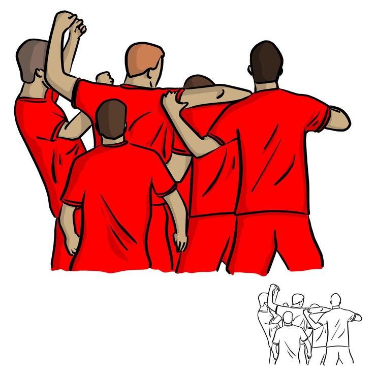 Vettore cinque giocatori di calcio che festeggiano dopo aver sparato al gol vettore illustrazione sketch doodle