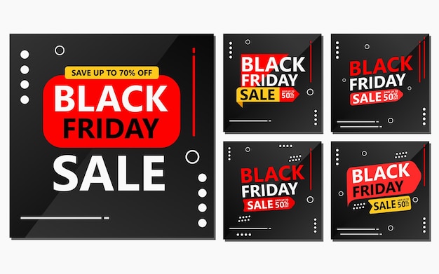 cinque set di modelli di modelli di social media nei colori rosso e nero design di post sui social media del black friday per la promozione