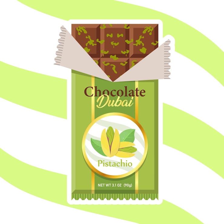 Vettore cioccolato dolce di dubai con pistacchi e pasta di kataifi in cioccolato al latte bar di cioccolata