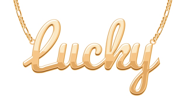 Ciondolo parola LUCKY dorato su collana a catena. Gioielleria .