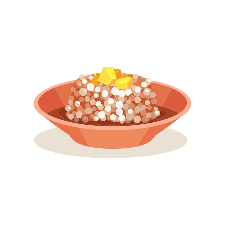 Vettore ciotola di budino di sago con burro sopra cibo malese cucina asiatica tema di cucina elemento grafico per menu di caffè o libro di ricette icona in stile cartone animato icona piatta colorata isolata su sfondo bianco
