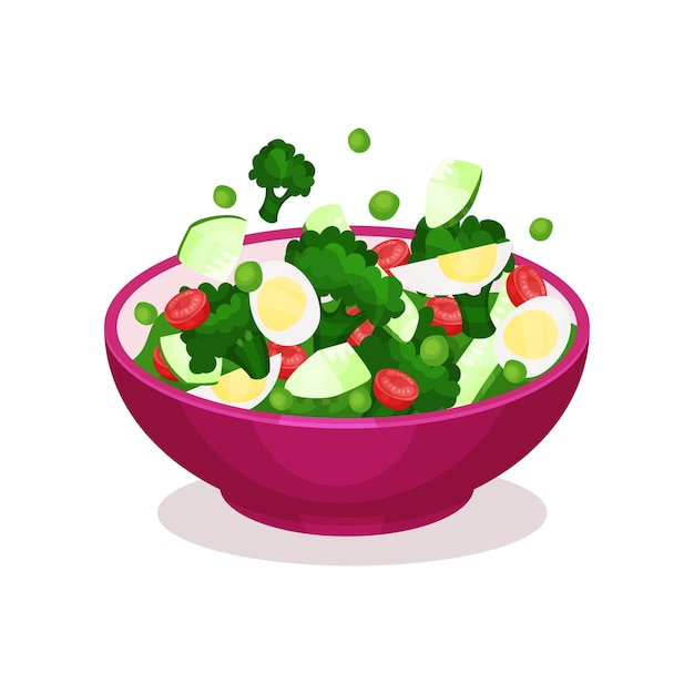 Ciotola di insalata di verdure con uovo mangiare sano concetto illustrazione vettoriale su sfondo bianco