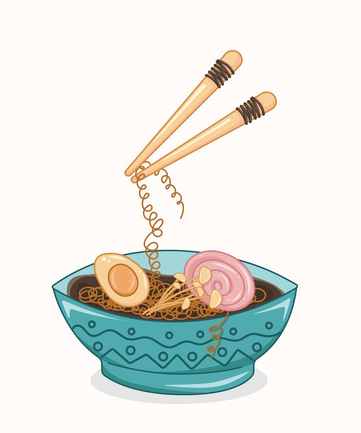 Vettore ciotola di zuppa di ramen con tagliatelle, carne di maiale brasata marinata con chashu a fette, metà dell'uovo sodo, bacchette.