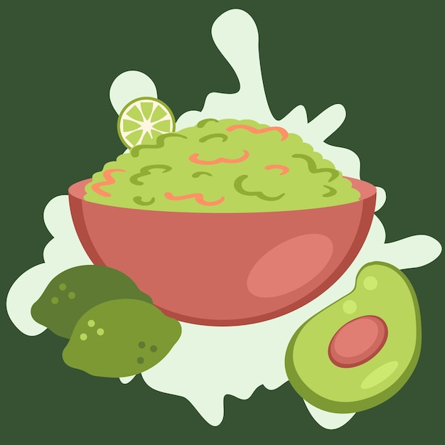 Ciotola in stile piatto con deliziosa salsa piccante messicana guacamole Perfetto per il menu di adesivi tee e poster Illustrazione vettoriale isolata per arredamento e design