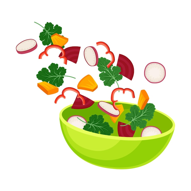 Vettore ciotola verde chiaro con fette di barbabietole e altre verdure illustrazione vettoriale su sfondo bianco