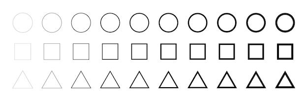 Circolo quadrato rettangolare e set di triangoli da linea sottile a linea spessa Set di forme geometriche forma illustrazione vettoriale
