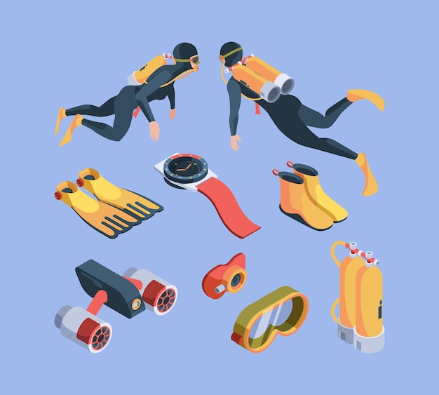 Circolo subacqueo. Articoli sportivi subacquei isometrici per subacquei pinne tubi respiratori serbatoi d'aria batiscafo vettore sgargiante. Illustrazione isometrica subacquea di nuoto