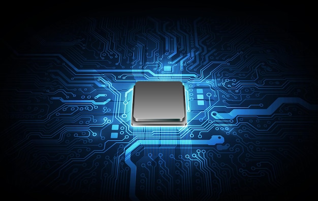 Circuito astratto del fondo del processore del chip di tecnologia e codice html, vettore blu del fondo di tecnologia dell'illustrazione 3D.