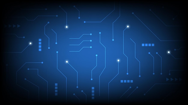 Circuito digitale ad alta tecnologia AI pad e linee elettriche collegate su sfondo di illuminazione blu
