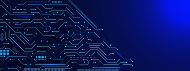 Circuito futuristico con elementi elettronici luminosi per la tecnologia ingegneristica sullo sfondo del banner