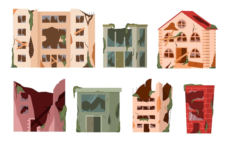 Vettore città dei cartoni animati con edifici in rovina dopo il disastro del terremoto o il set di case abbandonate dalla guerra