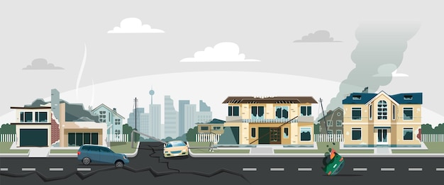 Città in rovina dopo il terremoto o la guerra edifici abbandonati e distrutti Rovine della città con case crollate e automobili bruciate illustrazione vettoriale